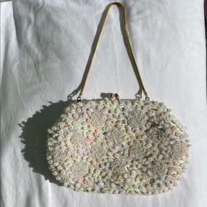 Vintage Heavily Beaded Evening Bag w Brass Tone Chain